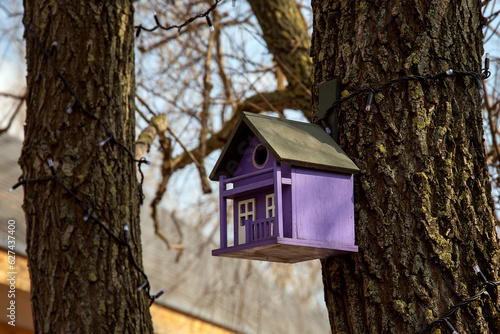 Wooden purple birdhouse on a tree close-up. Shelter for birds.