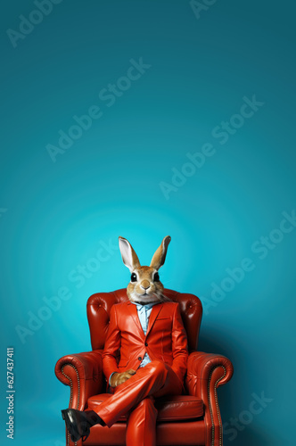 Cool looking rabbit or hare in funky red lather jacket and trousers, sitting on a chair. Copy space above. Stylish animal posing. Generative AI