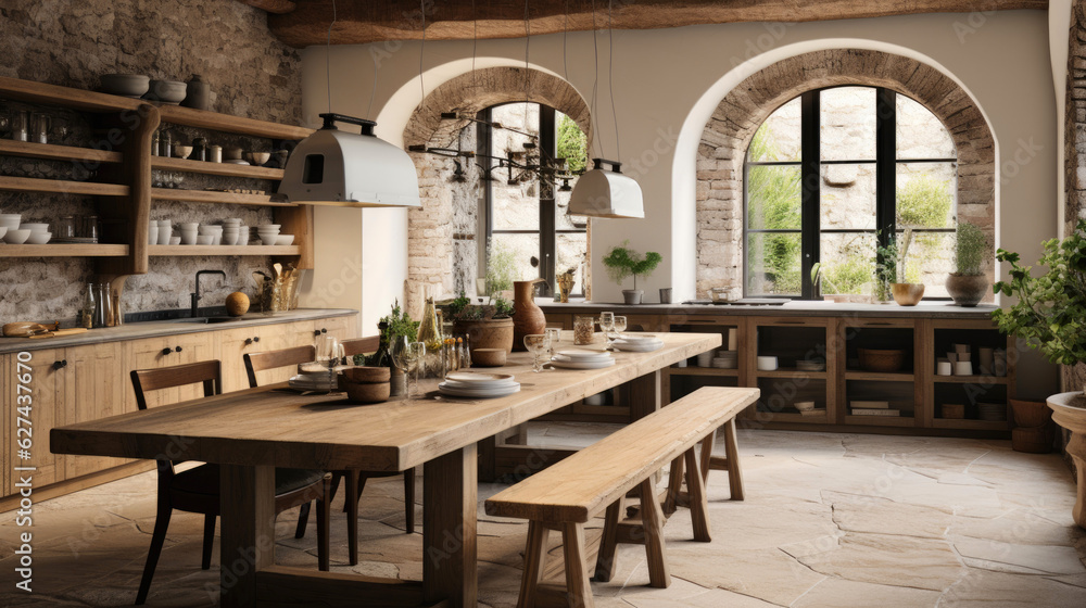 A kitchen-dining room combo with a long table and statement lighting, in the style of farmhouse rustic, warm neutrals, Italian countryside inspiration. Generative AI A kitchen-dining room combo with a long table and statement lighting, in the style of farmhouse rustic, warm neutrals, Italian countryside inspiration. Generative AI