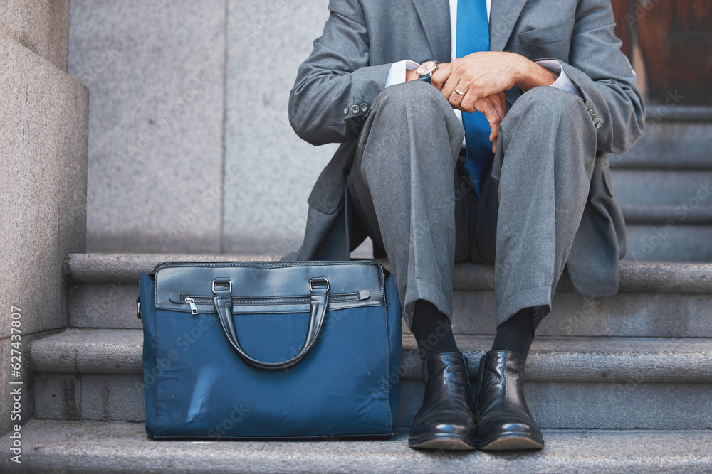 Lawyer, briefcase and man shoes on city and urban steps of government building outdoor. Businessman, justice and luggage for professional work of employee on a break of legal career of a attorney Lawyer, briefcase and man shoes on city and urban steps of government building outdoor. Businessman, justice and luggage for professional work of employee on a break of legal career of a attorney