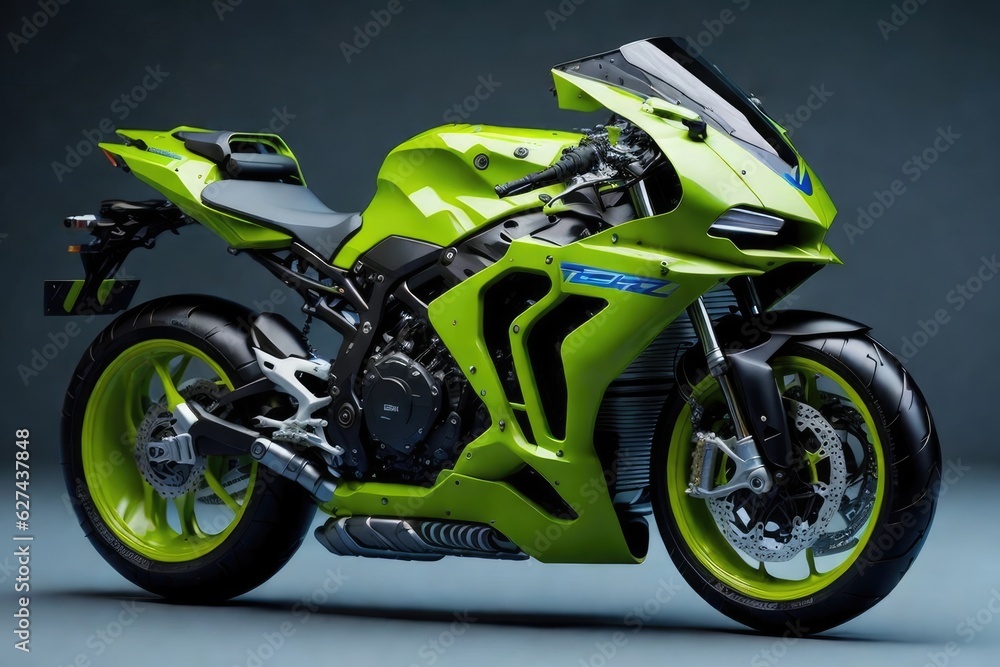 Close-up of a green sportbike on a dark background.