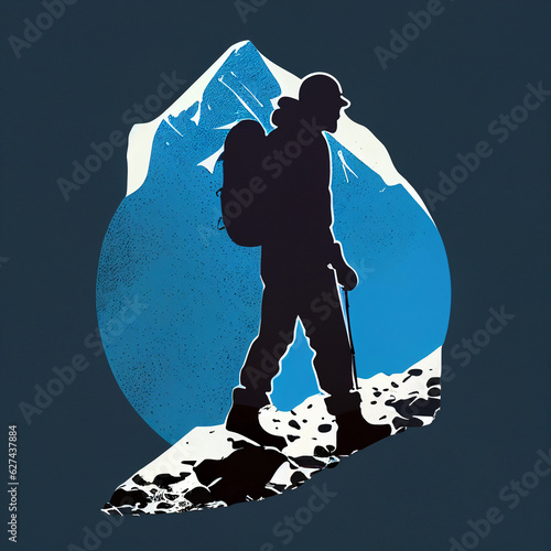 Pictogram of a hiker climbing a mountain in dark blue tones. AI Generated