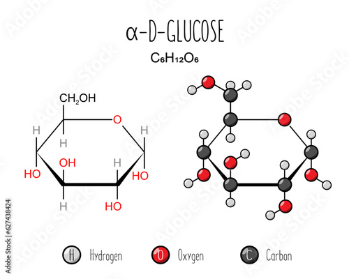 Alpha glucose skeletal and flat representation. Skeletal formula and 2d structure illustration. Web style illustration. Vector editable