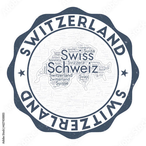 Switzerland logo. Awesome country badge with word cloud in the shape of Switzerland. Round emblem with country name. Powerful vector illustration.