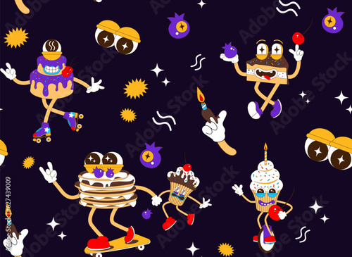 Seamless pattern with cartoon dessert character and groove style elements. Psychedelic Pancake, cake, piece of cake, holiday candles, berries. Modern fashion vector illustration.