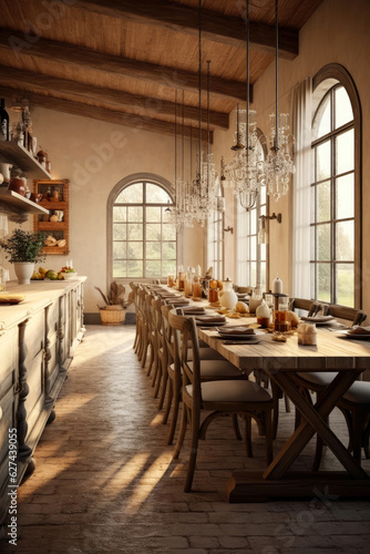 A kitchen-dining room combo with a long table and statement lighting  in the style of farmhouse rustic  warm neutrals  Italian countryside inspiration. Generative AI