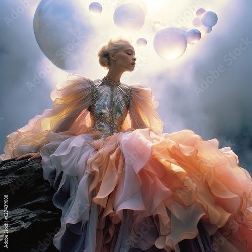 Foto A beautiful, surreal portrait of a woman in a futuristic gown, standing confiden