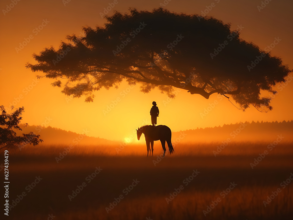 silhouette of a giraffe at sunset Generative AI