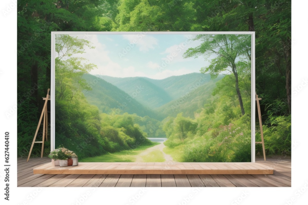 Fototapeta premium An image presenting a landscape with a dedicated podium for showcasing goods or other items, suitable for advertising purposes. Created with generative AI tools