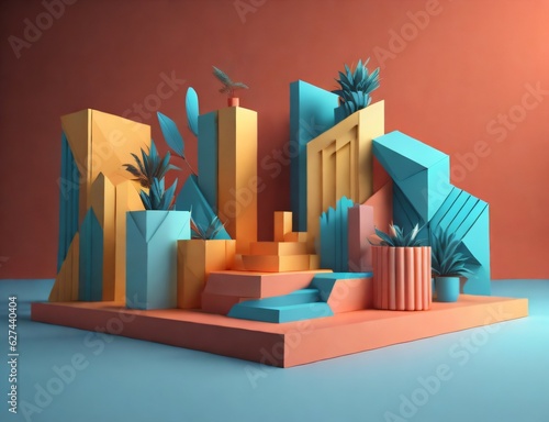 Image of a small  multicolored podium designed for object display  provided as a blank mockup. Created with generative AI tools