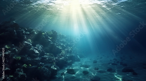 Sun rays penetrating underwater and illuminating the rocky seabed.