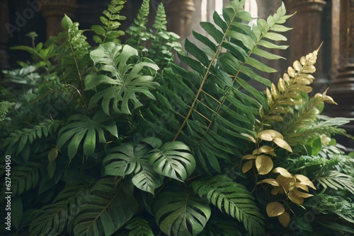 Tropical green leaves foliage plants bush  Monstera  fern and Eucalyptus leaves with gold glitter particles  floral arrangement bunch. Created with generative AI tools