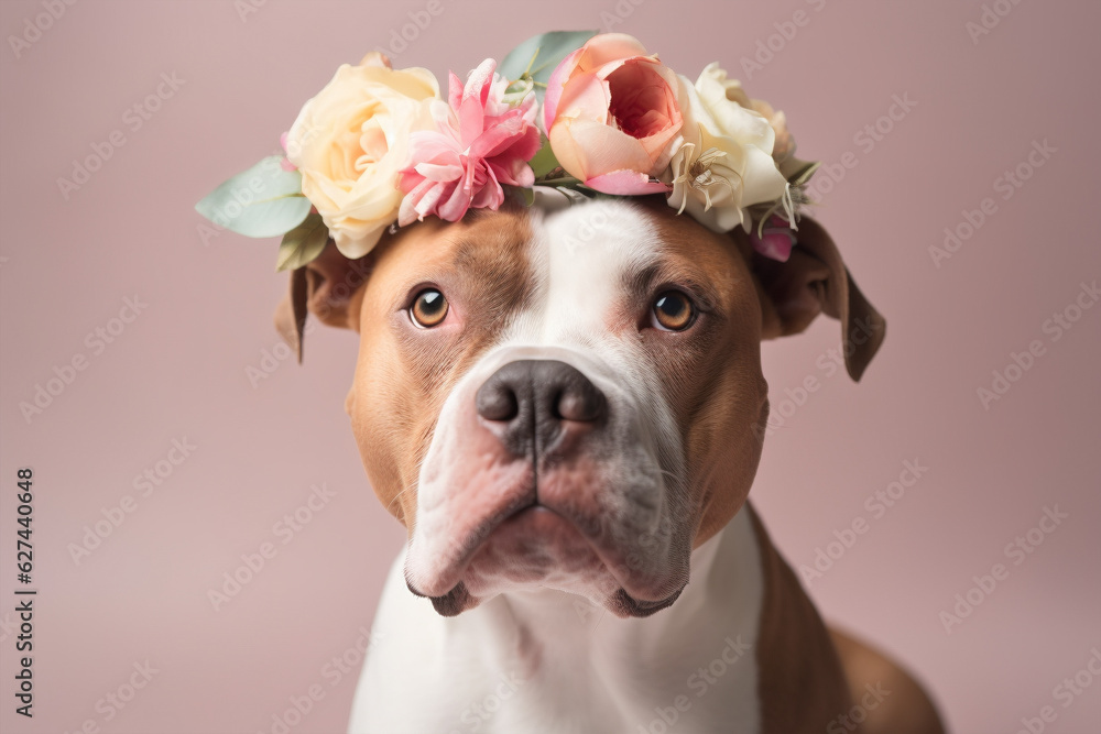 Εκτύπωση καμβά Staffordshire Bull Terrier dog with flower crown on head on pastel background