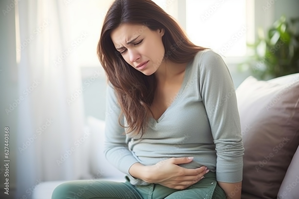 Young beautiful girl is feeling unwell sitting on sofa. Sickness and healthcare concept. Young beautiful girl is feeling unwell sitting on sofa. Sickness and healthcare concept.
