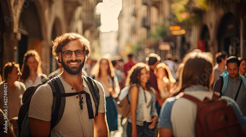 a diverse crowd of people fills the streets, reflecting the popularity of the destination and the challenges posed by excessive tourism.