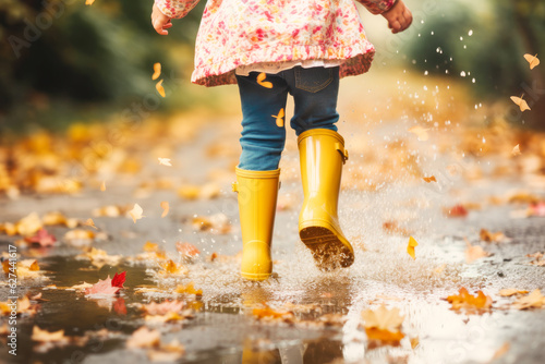 Girl wearing rain rubber boots walking running and jumping into puddle with water splash and drops. Generative AI. 