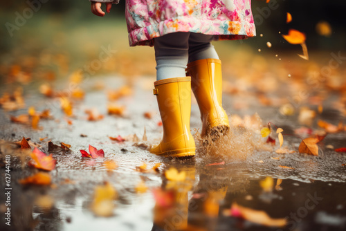 Girl wearing rain rubber boots walking running and jumping into puddle with water splash and drops. Generative AI. 