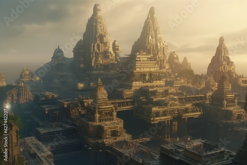 Futuristic mayan city with beautiful temples and advanced technology background generative ai