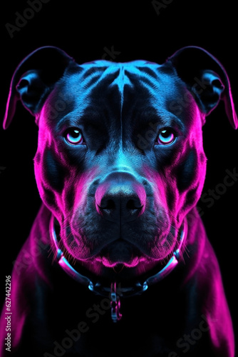 neon glowing black dog. pit bull. cane corso. 