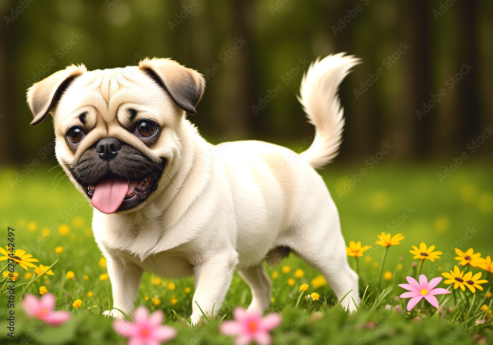?ute pug dog standing in the flower field and looking at the camera. Generative AI ?ute pug dog standing in the flower field and looking at the camera. Generative AI