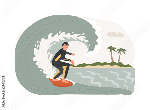 Surfing isolated concept vector illustration. Water sport, holiday fun, ocean wave, palm beach, summer vacation, swim wetsuit, surfing school, surf board, extreme video vector concept.