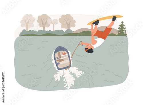 Wakeboarding isolated concept vector illustration. Water sport, extreme, boat cable, wakeboard trick, waterskiing equipment, active lifestyle, adrenaline, lake adventure park vector concept.