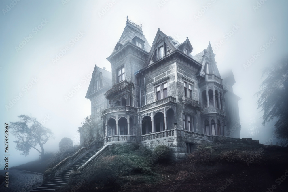 Gothic mansion on a hill. misty morning.