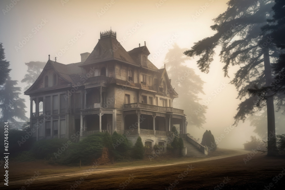 old mansion in the day mist. early morning dew. old mansion in the day mist. early morning dew.