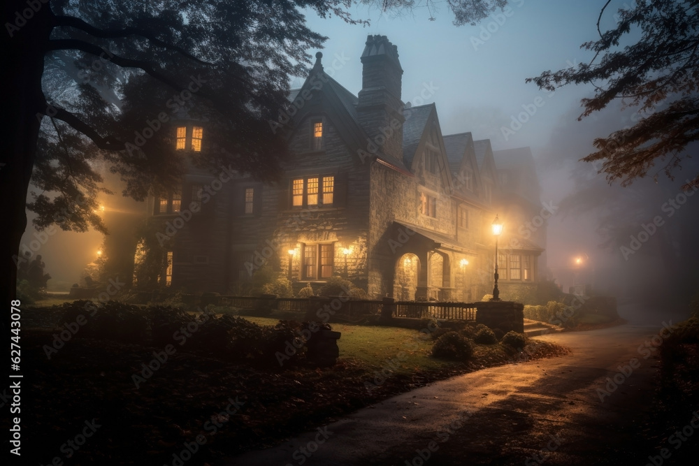 Fototapeta premium three story manor mansion lit at night. misty and foggy.