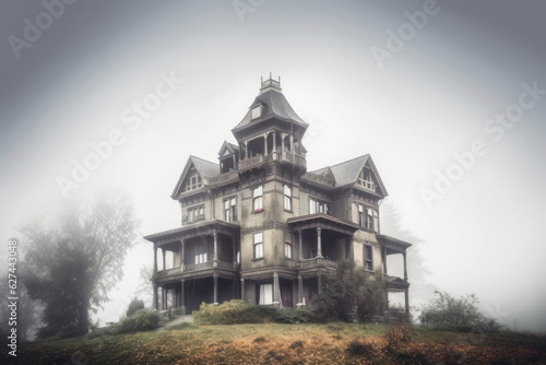 three story edwardian mansion. white bright misty background.