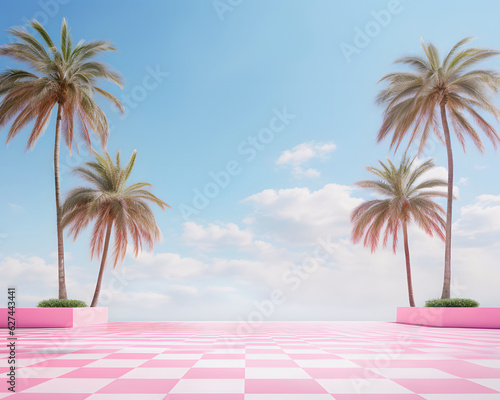 Creative aesthetic summer layout, palm trees on the floor with retro style pink tiles. Dreamy, nostalgic holiday . 