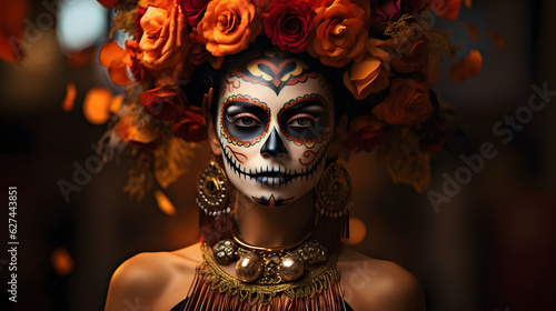 Junge Frau mit Día de Muertos Makeup / Mexikanisch photo