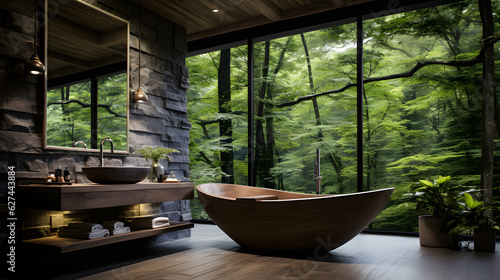 Modernes Badezimmer mit Naturelementen und großen Fenstern im Wald