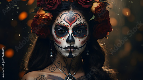 Junge Frau mit Día de Muertos Makeup / Mexikanisch photo
