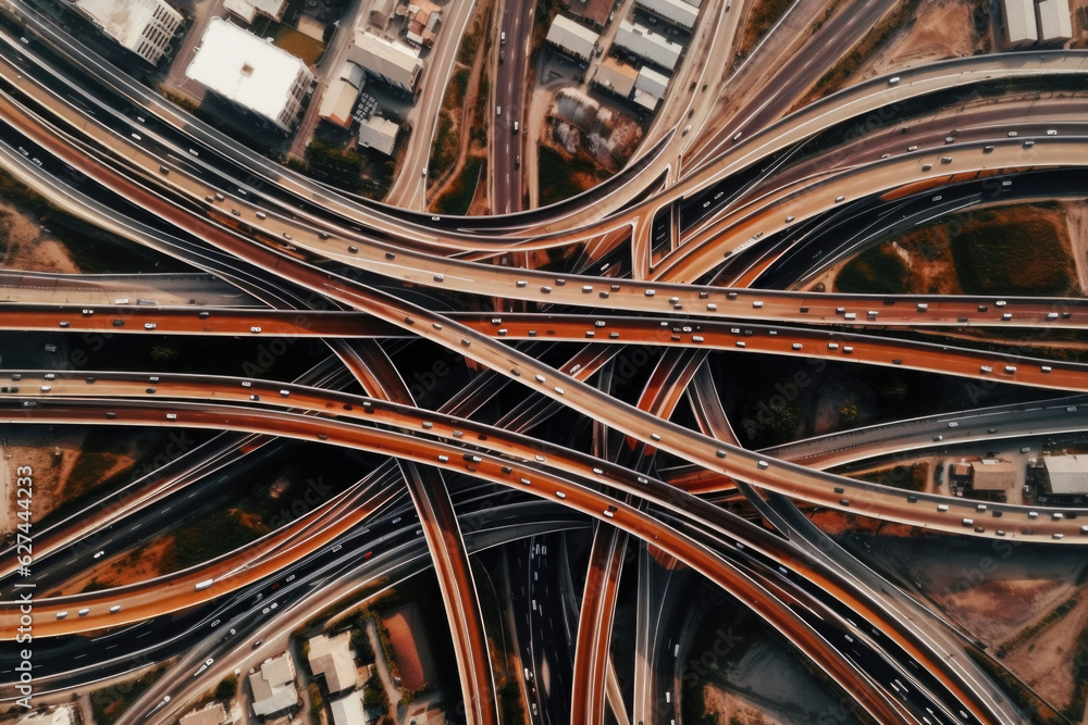 Expressway top view. Aerial view of highway multilevel junction interchange road. Generative AI Expressway top view. Aerial view of highway multilevel junction interchange road. Generative AI