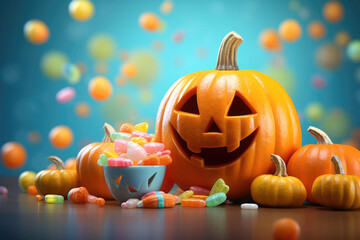 Smiling halloween pumpkin and candies in minimalist style. AI generated