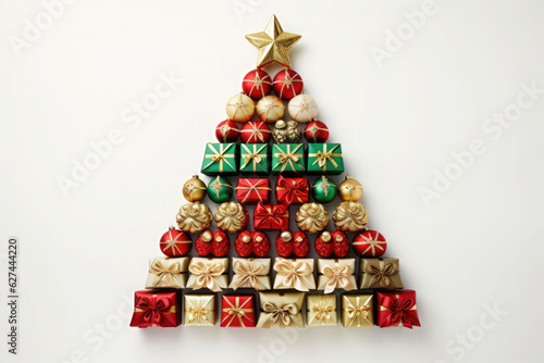 Christmas background with christmas tree made of colorful gift boxes and presents. AI generated