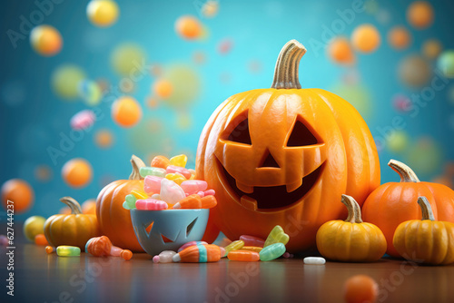 Fotografie, Obraz Smiling halloween pumpkin and candies in minimalist style