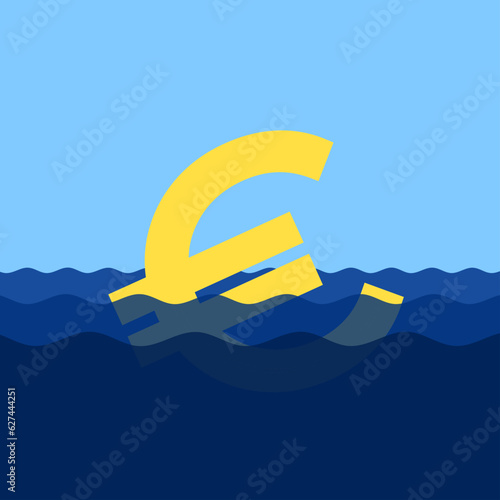 Sinking Euro as metaphor of currency after inflation and devaluation -  decrease, decline, fall and plunge of value of money. Vector illustration.