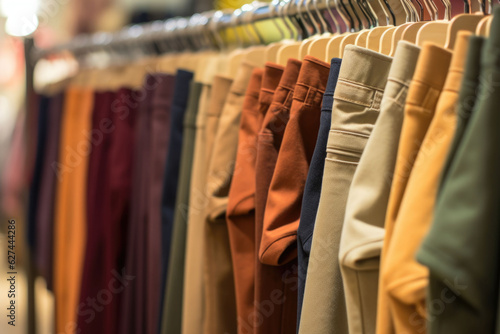 Trousers on hangers in a clothing store. Pants store, new clothes during shopping. Generative AI