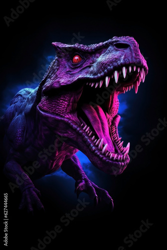 tyrannosaurus rex dinosaur. purple, blue, magenta, pink, neon glow. © ana