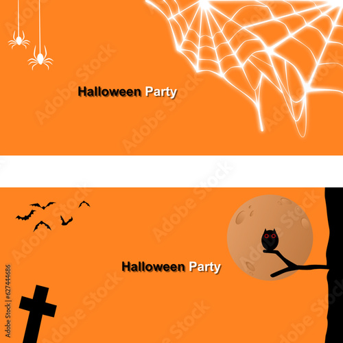 Headers or Banner for Happy Halloween party background celebrities with Bats Web spider owl tree and graveyard.