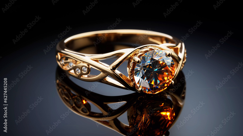 Golden ring with diamonds on a dark surface. Golden ring with diamonds on a dark surface.