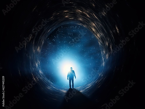 human silhouette in space wormhole going to the light created with Generative AI technology.