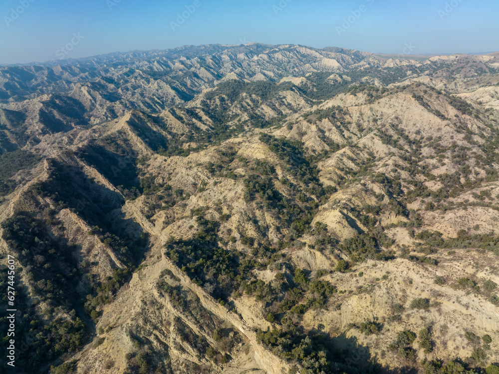 Aerial view of beautiful textures and hills in Vashlovani national park. Gorgeous place in Georgia.