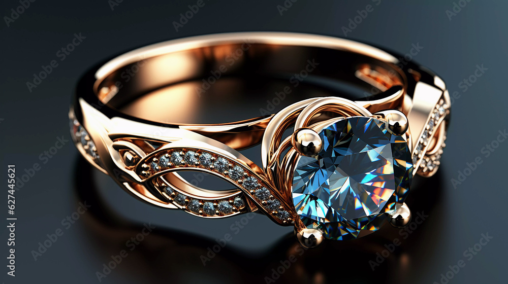 Golden ring with diamonds on a dark surface. Golden ring with diamonds on a dark surface.