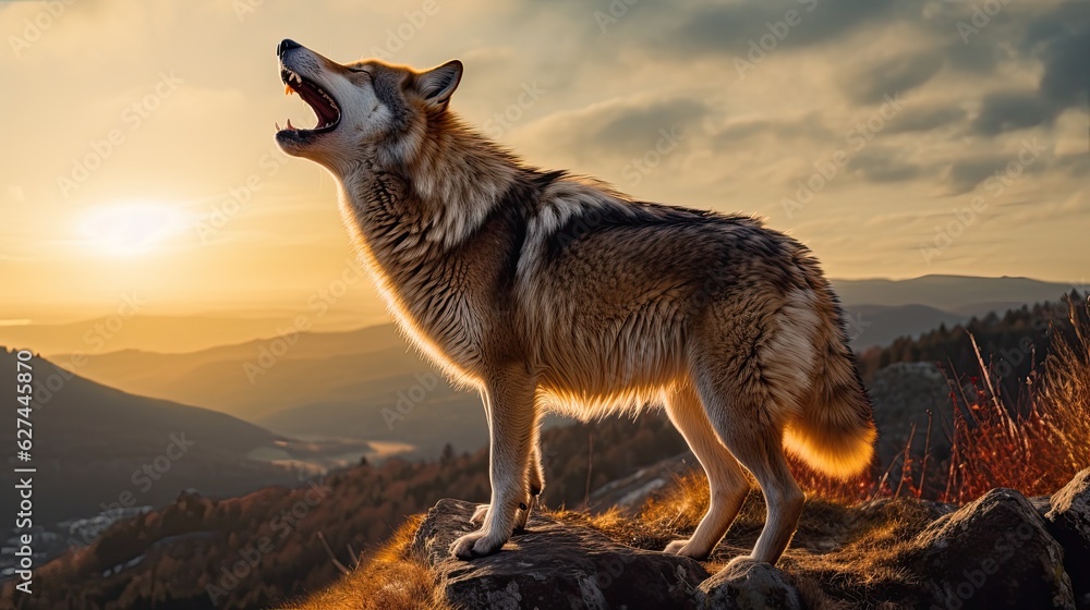 Big wolf howling at the top of a hill at sunset. Big wolf howling at the top of a hill at sunset.