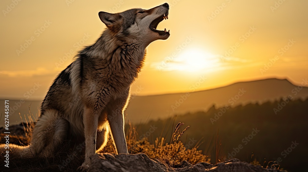 Big wolf howling at the top of a hill at sunset. Big wolf howling at the top of a hill at sunset.