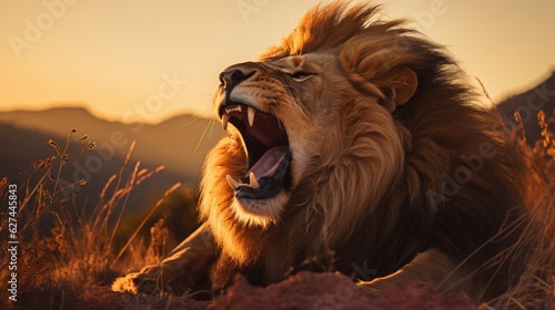 Big lion roaring at the top of a hill at sunset.