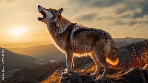 Big wolf howling at the top of a hill at sunset.